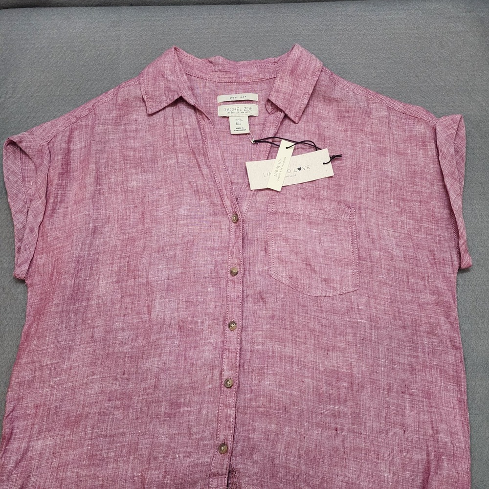 Rachel Zoe Linen Button Down Shirt Mauve Pink Short Sleeve‎ Cuffed Womens Sz S